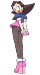  1girl arms_behind_back ass brown_hair cropped_jacket earrings green_eyes hairband jewelry long_legs looking_at_viewer looking_back official_art open_mouth pantyhose skirt smile tron_bonne 