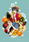  1boy apple banana food fruit hat kiwi male_focus monkey_d_luffy one_piece orange pear pineapple red_shirt sandals sash shirt solo straw_hat strawberry 