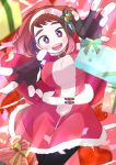  1girl bell black_gloves black_leggings blush boku_no_hero_academia breasts brown_eyes brown_hair buckle cape christmas christmas_present confetti dress fingerless_gloves fur-trimmed_dress fur_trim gift gloves headband heart highres jingle_bell large_breasts leggings looking_at_viewer open_mouth outstretched_arms red_background red_cape red_dress ribbon saburou_(326xxx1) santa_costume santa_dress short_hair solo uraraka_ochako 