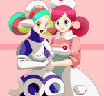  2girls blue_eyes breasts cleavage elbow_gloves gloves hand_holding highres infi_(pokemon) joy_(pokemon) multicolored_eyes multicolored_hair multiple_girls nakaba nurse nurse_cap pokemon pokemon_(anime) pokemon_(game) red_eyes red_hair yellow_eyes 