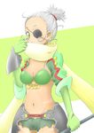  armor bra breasts cleavage earrings eyepatch gloves grey_hair jewelry midriff navel ponytail qq_selesneva scarf short_hair shorts tales_of_(series) tales_of_innocence tattoo underwear weapon yellow_eyes 