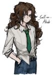  1girl aged_down ahab_(project_moon) blue_pants brown_hair collared_shirt cowboy_shot curly_hair green_necktie highres limbus_company long_hair long_sleeves looking_at_viewer necktie pants project_moon shan23852196 shirt solo white_shirt 