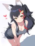  1girl animal_ear_fluff animal_ears bare_shoulders black_hair black_shorts blush breasts cleavage closed_mouth flipped_hair grey_tank_top hair_between_eyes hair_ornament hairclip heart highres hiroikara_(smhong04) hololive long_hair looking_at_viewer multicolored_hair ookami_mio ponytail red_hair shorts simple_background smile streaked_hair tail tank_top very_long_hair virtual_youtuber wolf_ears wolf_girl wolf_tail yellow_eyes 