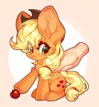 apple applejack_(mlp) blonde_hair clothing cowboy_hat cutie_mark disembodied_hand earth_pony equid equine female food freckles friendship_is_magic fruit green_eyes hair hasbro hat headgear headwear hi_res horse looking_back mammal minekoo2 my_little_pony petting plant pony tail yellow_tail