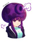  1girl absurdres aqua_shirt black_jacket blunt_bangs clov_er fern_(sousou_no_frieren) highres jacket long_hair mushroom plant_on_head plants_vs_zombies purple_eyes purple_hair purple_headwear shirt simple_background sousou_no_frieren upper_body white_background white_shirt 