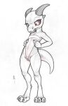 anthro bikini clothing ecmajor female flat_chested front_view genitals hi_res horn kobold licking licking_lips pussy pussy_floss scalie sketch solo standing swimwear tongue tongue_out