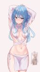  1girl absurdres alternate_costume arms_up blue_eyes blue_hair blue_nails blush breasts highres hololive hoshimachi_suisei karu_(karusenpai) long_hair nail_polish navel reference_inset simple_background small_breasts solo star_(symbol) star_in_eye stomach symbol_in_eye virtual_youtuber white_background 