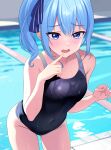  1girl absurdres alternate_costume blue_eyes blue_hair blue_one-piece_swimsuit blurry blush breasts commentary_request covered_navel cowboy_shot depth_of_field fawny highres hololive hoshimachi_suisei index_finger_raised leaning_forward long_hair looking_ahead one-piece_swimsuit open_mouth pool poolside side_ponytail small_breasts solo star_(symbol) star_in_eye swimsuit symbol_in_eye virtual_youtuber wet 