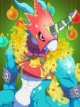 abs anthro armor athletic athletic_anthro athletic_male bandai_namco bell bell_collar belt blue_body christmas_ornament clothing collar crop_top digimon digimon_(species) flamedramon headgear helmet hi_res kasuga_dn male red_eyes shirt solo topwear