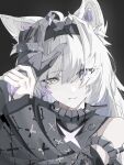  1girl 1other ahoge animal_ear_fluff animal_ears black_background black_hairband black_sleeves closed_mouth commandant_(punishing:_gray_raven) cross-shaped_pupils detached_sleeves fang grey_eyes grey_hair hair_intakes hair_over_eyes hairband hand_on_another&#039;s_head headpat highres holding_another&#039;s_wrist long_sleeves looking_at_viewer mechanical_ears mismatched_pupils negse_38u no.21:_feral_scent_(punishing:_gray_raven) no.21_(punishing:_gray_raven) punishing:_gray_raven skin_fang symbol-shaped_pupils wolf_ears 
