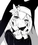  1girl absurdres animal_ear_headwear aoitsuki black_eyes black_headwear blue_archive blush closed_mouth commentary_request double-parted_bangs greyscale hair_between_eyes hands_on_own_cheeks hands_on_own_face hands_up highres long_sleeves looking_at_viewer mari_(blue_archive) monochrome sailor_collar simple_background solo turtleneck upper_body veil white_background white_sailor_collar 