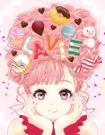  1girl absurdres artist_name blush chocolate chocolate_strawberry confetti cookie cupcake doughnut food fruit hands_on_own_cheeks hands_on_own_face highres lavie_(cestbonlavie) long_hair looking_at_viewer macaron original pink_background pink_eyes pink_hair sleeveless smile solo straight-on strawberry stuffed_animal stuffed_pig stuffed_toy updo wrapped_candy 