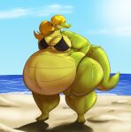 anthro blonde_hair bodily_fluids crocodilian cursedreaper female hair hi_res overweight pear-shaped_figure ponytail reptile ridiculouscake scalie sweat tagme wide_hips