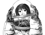  1girl arms_up blush disembodied_head fishbowl_helmet freckles gloves greyscale highres holding_own_head jitome kilsturgeon looking_at_viewer monochrome open_mouth original short_hair simple_background slime_(substance) smile solo spacesuit upper_body 