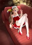  1girl absurdres bare_shoulders bell blonde_hair blue_eyes bow bowtie christmas christmas_tree couch dot_mouth dress fur-trimmed_thighhighs fur_trim garter_belt gift hat hi_fumiyo highres holding holding_gift honda honda_beat_(syanago_collection) indoors jingle_bell knees_up long_hair looking_to_the_side lying on_back on_couch personification red_dress red_footwear santa_hat side_slit solo syanago_collection thighhighs twintails white_bow white_bowtie white_thighhighs 