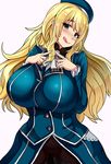  1girl artist_request atago_(kantai_collection) beret blonde_hair blush breasts curvy dress fingers_together green_eyes hat huge_breasts kantai_collection licking_lips long_hair looking_at_viewer pantyhose simple_background smile solo tongue tongue_out upper_body wide_hips yukinojou_yakan 