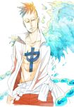  1boy blonde_hair blue_fire fiery_wings fire male_focus marco one_piece pirate solo tattoo transformation whitebeard_pirates 