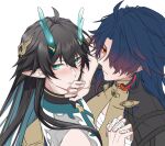 2boys ahoge bandaged_hand bandages black_hair blade_(honkai:_star_rail) blush chest_sarashi chinese_clothes closed_mouth colored_inner_hair covering_mouth dan_heng_(honkai:_star_rail) dan_heng_(imbibitor_lunae)_(honkai:_star_rail) dragon_boy dragon_horns earrings embarrassed expressionless eyeliner go_ya_o green_eyes green_horns hair_between_eyes hair_over_one_eye honkai:_star_rail honkai_(series) horns imminent_kiss interlocked_fingers jewelry long_hair long_sleeves looking_at_viewer makeup male_focus multicolored_hair multiple_boys pointy_ears red_eyeliner sarashi shy simple_background upper_body 