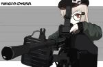  1girl beret blonde_hair commission girls&#039;_frontline glasses green_jacket gun hair_ornament hairpin hat highres jacket long_hair machine_gun natri999 red_eyes solo type_80 type_80_(girls&#039;_frontline) weapon 