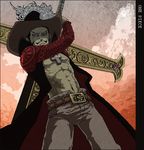  1boy copyright_name dracule_mihawk fighting_stance hat male_focus one_piece solo sword weapon 