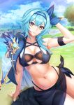  1girl absurdres bare_shoulders blue_hair blush breasts brown_eyes cleavage eula_(genshin_impact) genshin_impact hairband harukey highres large_breasts looking_at_viewer medium_hair navel sidelocks solo thighs 