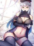  1girl ammunition arm_under_breasts bangs beret black_bra black_hat black_legwear black_panties black_sweater blush bra breasts cleavage clothes_lift commentary dutch_angle english_commentary eyebrows_visible_through_hair facial_mark girls_frontline gloves hair_ornament hat highres hk416_(girls_frontline) jacket large_breasts lifted_by_self long_sleeves mouth_hold navel off_shoulder on_bed open_clothes open_jacket panties shiny shiny_skin silver_hair sitting sleeveless_sweater solo straight_hair sweater sweater_lift teardrop thighhighs underwear white_gloves yokozuwari 