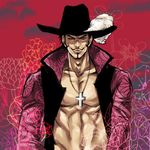  1boy abs dracule_mihawk hat hat_feather male_focus one_piece open_shirt shirt solo 