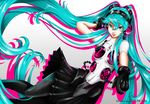  1girl aqua_eyes aqua_hair black_hair hatsune_miku hikarisoul persona persona_4:_dancing_all_night pointing pointing_at_viewer skirt smile solo twintails very_long_hair vocaloid 