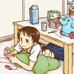  1w2k :3 book brown_hair carton clock digital_media_player elephant glass happy headphones laying lying manga paper pencil pleated_skirt reading school_uniform skirt solo stack_of_books table toy 