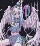  1girl angel_wings arms_up black_background blue_bow blue_eyes blue_hair blue_shirt blue_skirt bound bound_arms bow chain chouzetsusaikawa_tenshi-chan cobblestone eencya feathered_wings feathers grey_hair hair_bow long_hair long_sleeves looking_at_viewer multicolored_hair multiple_hair_bows navel needy_girl_overdose official_art open_mouth parody_request pink_hair pixel_art pleated_skirt quad_tails school_uniform serafuku shirt sitting skirt solo torn_clothes very_long_hair white_wings wings yellow_bow 
