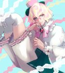  1boy artist_name blonde_hair bow bowtie brooch cookie_run frilled_sleeves frills gem hat highres humanization jewelry looking_at_viewer multicolored_eyes multicolored_hair nekoyasiki33 pastel_meringue_cookie personification pink_bow pink_hair rainbow_eyes short_hair smile solo two-tone_hair 