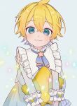  1boy :3 ahoge ascot blonde_hair blue_eyes blush frilled_shirt_collar frills holding holding_pillow kagamine_len long_sleeves looking_at_viewer male_focus pillow project_sekai see-through see-through_sleeves short_hair sleeve_cuffs smile star_(symbol) star_pillow vocaloid yusa_popo 