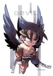  1boy black_hair black_wings chain character_name chest_tattoo claws devil_jin facial_mark feathered_wings floating forehead_jewel gloves grey_horns highres horns kazama_jin kotorai looking_to_the_side male_focus no_nose red_gloves signature solo studded_gloves tattoo tekken topless_male wings yellow_eyes 