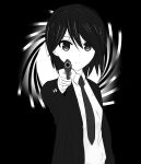  1girl absurdres black_hair dress_shirt goldeneye_007 greyscale gun hair_between_eyes handgun highres inaba_himeko kokoro_connect maid_daisuki monochrome necktie revolver shirt suit weapon 