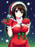  1girl 5boys :o aqua_eyes between_breasts breasts brown_hair christmas cleavage cleavage_cutout gloves hat long_hair looking_at_viewer miniboy multiple_boys open_mouth red_gloves red_hat santa_costume santa_gloves size_difference teston upper_body 