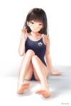  1girl arena_(company) black_hair blush collarbone competition_swimsuit feet full_body green_eyes highres knees_together_feet_apart legs long_hair looking_at_viewer one-piece_swimsuit original school_swimsuit sitting soles swimsuit toes twitter_username yuluvine 