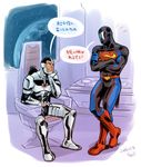  2014 2boys billy_batson bodysuit boots chin_rest crossed_arms cyborg cyborg_(dc) dark_skin dc_comics earth justice_league male_focus mask multiple_boys red_shoes s_shield sen_(pixiv111638) sitting space victor_stone 