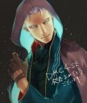  1boy ascot black_ascot black_background blue_coat blue_eyes brown_cloak brown_gloves cloak closed_mouth coat devil_may_cry_(series) devil_may_cry_4 fingerless_gloves gloves hood hood_up hooded_cloak koguchi_(kgc030) long_sleeves looking_to_the_side male_focus short_hair translation_request upper_body vergil_(devil_may_cry) white_hair 