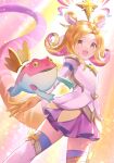  1girl blonde_hair elbow_gloves gloves league_of_legends lizard_tail looking_at_viewer neeko_(league_of_legends) open_mouth puffy_sleeves reptile_girl short_hair skirt smile star_(symbol) star_guardian_(league_of_legends) star_guardian_neeko star_guardian_neeko_prestige_edition star_guardian_pet symbol-shaped_pupils tail thighs yellow_eyes yuhiko_(unayuhi) 