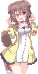  1girl absurdres animal_ears blush brown_eyes brown_hair collar commentary_request dog_ears dog_girl dog_tail dress highres hololive inugami_korone inugami_korone_(1st_costume) jacket looking_at_viewer open_mouth paw_pose red_collar red_socks shoes short_dress smile socks tail umberblack virtual_youtuber white_background white_dress white_footwear yellow_jacket 