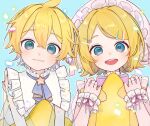  1boy 1girl :3 ahoge ascot blonde_hair blue_background blue_eyes blush bow brother_and_sister frilled_shirt_collar frills hair_ornament hairclip hat holding holding_pillow kagamine_len kagamine_rin long_sleeves looking_at_viewer mob_cap open_mouth pillow project_sekai see-through see-through_sleeves short_hair siblings sleeve_cuffs smile star_(symbol) star_hair_ornament star_pillow twins upper_body vocaloid yusa_popo 