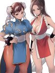  2girls absurdres arm_guards bare_shoulders bracelet breasts brown_eyes brown_hair bun_cover china_dress chinese_clothes chun-li cleavage crossover double_bun dress fatal_fury hair_bun high_ponytail highres japanese_clothes jewelry large_breasts long_hair looking_at_viewer meke_(77842928) multiple_girls ninja pantyhose pelvic_curtain ponytail revealing_clothes rope sash shiranui_mai sideboob simple_background smile spiked_bracelet spikes standing street_fighter street_fighter_ii_(series) the_king_of_fighters thick_thighs thighs 