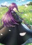  1girl cloak day dress expressionless fern_(sousou_no_frieren) field flower flower_field from_behind grass half_updo highres holding holding_staff long_hair long_sleeves looking_at_viewer looking_back outdoors purple_eyes sky solo somu51 sousou_no_frieren staff tree very_long_hair 