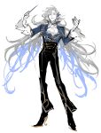  1boy argalia_(project_moon) ascot black_pants blue_eyes conductor full_body grin hands_up high-waist_pants highres library_of_ruina long_hair looking_at_viewer pants project_moon remsrar simple_background sketch smile solo standing very_long_hair white_ascot white_background white_hair 