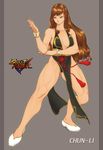  1girl alternate_costume artist_request biceps bracelet braid breasts brown_hair chun-li cleavage eyeshadow jewelry maedeup makeup muscle pelvic_curtain pose side_braids smile solo spiked_bracelet spikes street_fighter street_fighter_v thick_thighs thighs white_shoes 