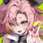 1girl bare_shoulders black_ribbon blush breasts close-up collared_jacket detached_sleeves fangwan green_eyes hair_ornament hair_ribbon highres jacket long_hair looking_at_viewer mole mole_under_eye nicole_demara pink_hair ribbon solo two_side_up upper_body zenless_zone_zero 