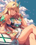  bare_shoulders blonde_hair breasts chest_jewel cleavage cleavage_cutout clothing_cutout dress earrings elbow_gloves gloves headpiece itzah jewelry large_breasts long_hair microdress mythra_(xenoblade) pixel_art swept_bangs tiara very_long_hair white_dress white_gloves xenoblade_chronicles_(series) xenoblade_chronicles_2 yellow_eyes 