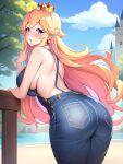  1girl absurdres ai-generated ass blonde_hair blue_eyes breasts gloves highres kedamajigoku55 looking_at_viewer mario_(series) naked_overalls outdoors overalls princess_peach water white_gloves 