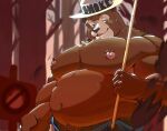 2023 absurd_res anthro bear belly big_belly brown_body brown_fur clothing detailed_background fur hat headgear headwear hi_res humanoid_hands male mammal musclegut nipples outside overweight overweight_male plant smokey_bear solo tree united_states_forest_service zhangkuu