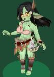 armor big_ears black_hair black_nails bloody_clothes bone bone_accessory bottomwear bracers breasts clothing colored_nails ear_piercing fangs feet female gobbo_wife_(hibby3d) goblin green_body green_skin hair hibby3d humanoid jewelry long_hair markings midriff nails necklace piercing red_sclera severed_limb side_shirt skirt skull_hair_accessory solo tattoo teeth thigh_belt tribal tribal_markings tribal_tattoo yellow_eyes